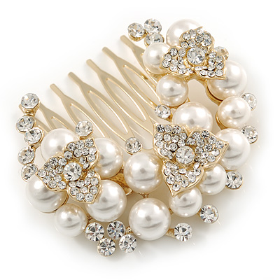 Avalaya Bridal/Wedding/Prom/Party Antique Gold Tone Austrian Clear Crystal 55mm Synthetic Pearl Open Flower Hair Comb