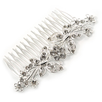 Large Bridal/ Wedding/ Prom/ Party Rhodium Plated Clear Austrian Crystal Butterfly Hair Comb - 110mm - main view