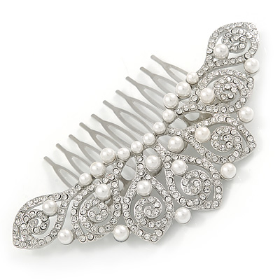 Statement Bridal/ Wedding/ Prom/ Party Rhodium Plated Clear Austrian Crystal, White Glass Pearl Sculptured 'Leaves' Side Hair Comb - 105mm Width - main view