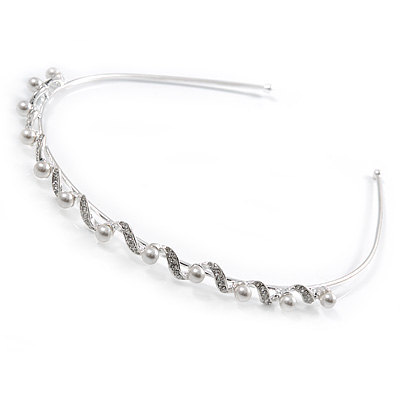Bridal/ Wedding/ Prom Rhodium Plated White Glass Pearl, Clear Crystal Tiara Headband