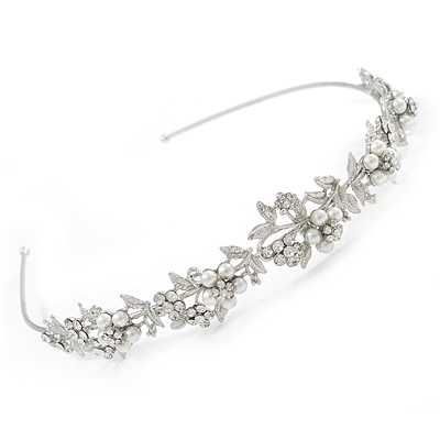 Bridal/ Wedding/ Prom Rhodium Plated Clear Crystal, White Glass Flowers & Leaves Tiara Headband - main view