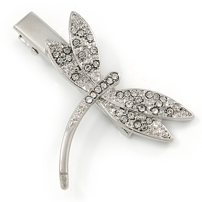 Clear Crystal Dragonfly Hair Beak Clip/ Concord Clip/ Clamp Clip In Silver Tone - 50mm L - main view