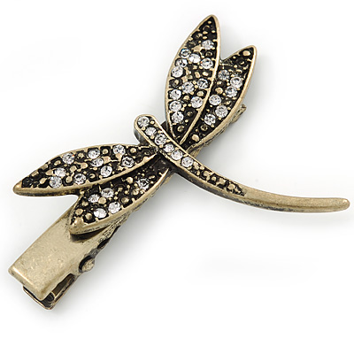 Vintage Inspired Clear Crystal Dragonfly Hair Beak Clip/ Concord Clip/ Clamp Clip In Bronze Tone - 50mm L - main view