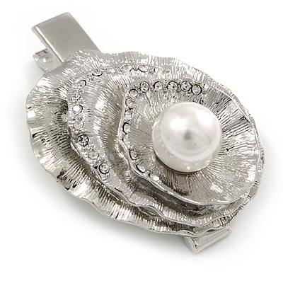 Clear Crystal, Pearl Hammered Shell Hair Beak Clip/ Concord Clip/ Clamp Clip In Silver Tone - 60mm L