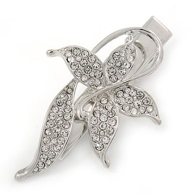 Clear Crystal Butterfly Hair Beak Clip/ Concord Clip/ Clamp Clip In Silver Tone - 55mm L