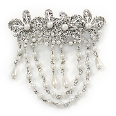 Rhodium Plated Clear Crystal, White Faux Pearl Floral Barrette Hair Clip Grip - 95mm Across - main view
