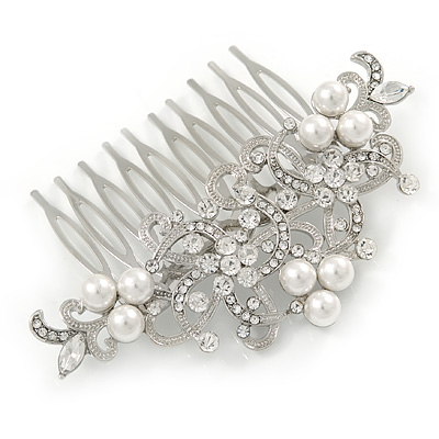Bridal/ Wedding/ Prom/ Party Rhodium Plated Clear Austrian Crystal Faux Pearl Floral Side Hair Comb - 90mm - main view