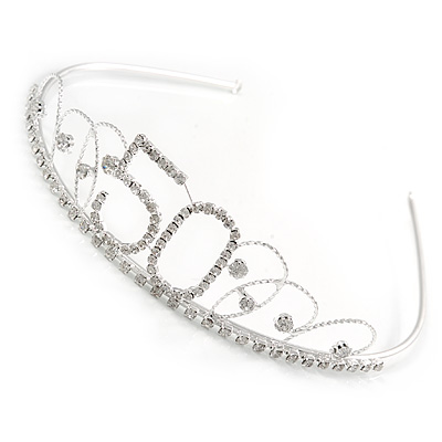 Bridal/ Wedding/ Prom Rhodium Plated Clear Crystal '50' Queen Classic Tiara - main view