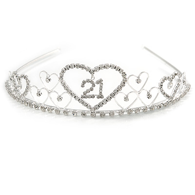 Bridal/ Wedding/ Prom Rhodium Plated Clear Crystal Open Heart '21' Princess Classic Tiara - main view