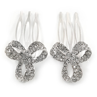 Set of 2 Small Clear Austrian Crystal Bow Side Hair Comb In Rhodium Plating - 25mm Each - main view