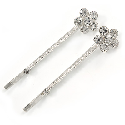 Pair Of Clear Crystal Flower Hair Slides In Rhodium Plating - 55mm Length - main view