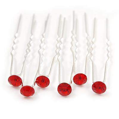 Bridal/ Wedding/ Prom/ Party Set Of 6 Siam Red Austrian Crystal Hair Pins In Silver Tone - main view