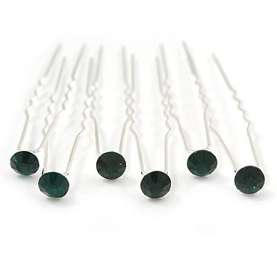 Bridal/ Wedding/ Prom/ Party Set Of 6 Emerald Green Austrian Crystal Hair Pins In Silver Tone - main view