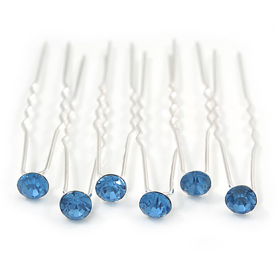 Bridal/ Wedding/ Prom/ Party Set Of 6 Light Blue Austrian Crystal Hair Pins In Silver Tone - main view