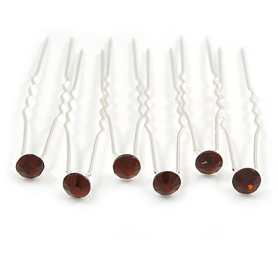 Bridal/ Wedding/ Prom/ Party Set Of 6 Brown Amber Austrian Crystal Hair Pins In Silver Tone