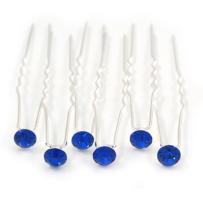 Bridal/ Wedding/ Prom/ Party Set Of 6 Sapphire Blue Austrian Crystal Hair Pins In Silver Tone - main view