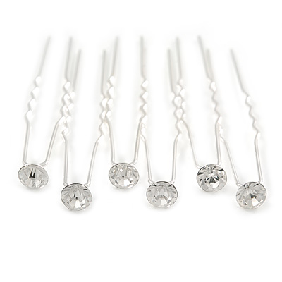 Bridal/ Wedding/ Prom/ Party Set Of 6 Clear Austrian Crystal Hair Pins In Silver Tone - main view