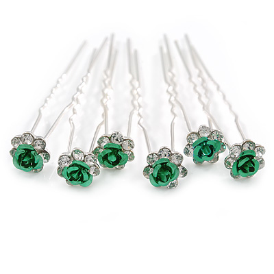 Bridal/ Wedding/ Prom/ Party Set Of 6 Clear Austrian Crystal Green Rose Flower Hair Pins In Silver Tone