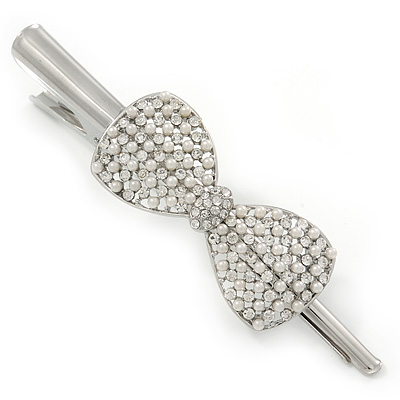 Bridal/ Prom/ Wedding Silver Tone Clear Crystal, Glass Pearl Bow Hair Beak Clip/ Concord Clip - 11.5cm Length - main view