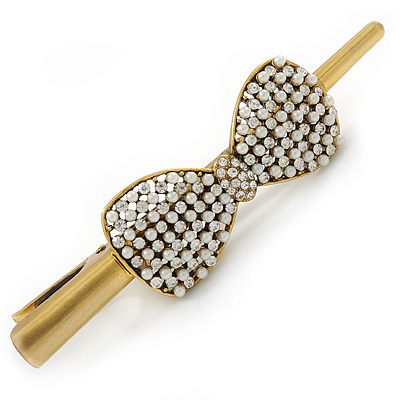 Vintage Inspired Gold Tone Clear Crystal, Glass Pearl Bow Hair Beak Clip/ Concord Clip - 11.5cm Length - main view