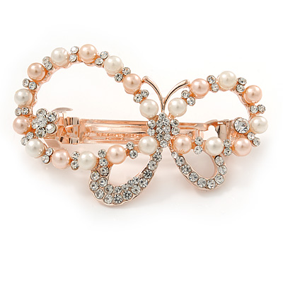 Bridal Wedding Prom Rose Gold Tone Simulated Pearl Diamante 'Asymmetrical Butterfly' Barrette Hair Clip Grip - 55mm Across