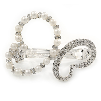 Bridal Wedding Prom Silver Tone Simulated Pearl Diamante 'Asymmetrical Butterfly' Barrette Hair Clip Grip - 55mm Across - main view