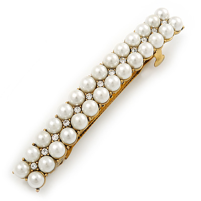 Vintage Inspired Bridal Wedding Prom 2 Row Pearl, Crystal Barrette Hair Clip Grip In Gold Tone Metal - 80mm W - main view
