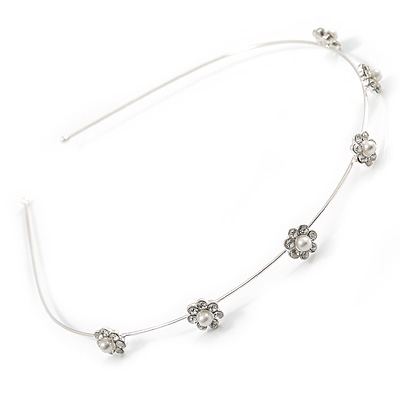 Delicate Bridal/ Wedding/ Prom Clear Crystal, Pearl Flowers Tiara Headband In Silver Tone - main view