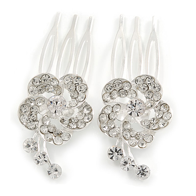 Set of 2 Small Clear Austrian Crystal Flower Side Hair Comb In Rhodium Plating - 25mm Each - main view