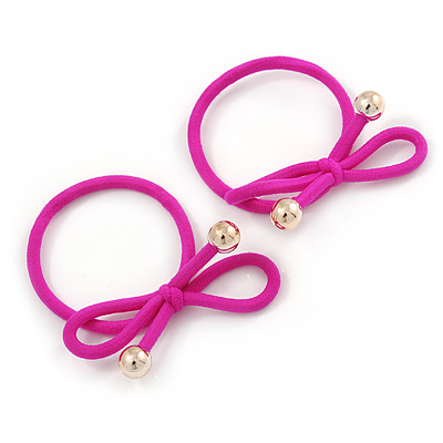 Two Piece Deep Pink Bow with Gold Tone Bead Design Hair Elastic Set/ Ideal For School