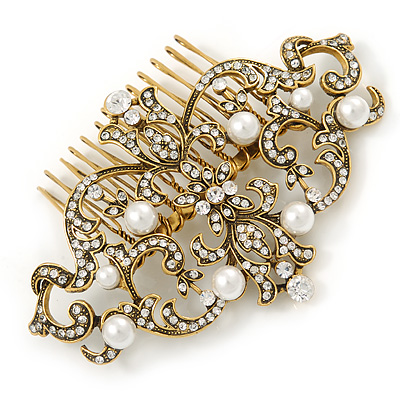 Bridal/ Wedding/ Prom/ Party Art Deco Style Antique Gold Tone White Simulated Pearl and Austrian Crystal Hair Comb - 95mm W - main view