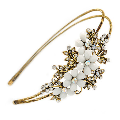 Vintage Inspired Bridal/ Wedding/ Prom Antique Gold Tone Clear Crystal, White Acrylic Flowers Tiara Headband