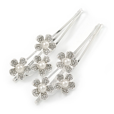 2 Bridal/ Prom Clear Crystal, Pearl Flower Hair Grips/ Slides In Rhodium Plating - 65mm Across - main view