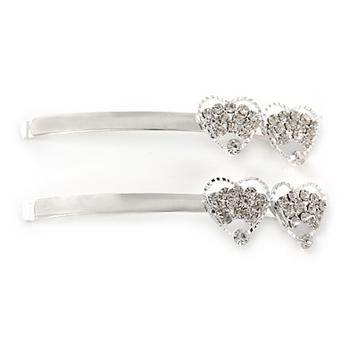 2 Bridal/ Prom Clear Crystal Double Heart Hair Grips/ Slides In Rhodium Plating - 65mm L - main view