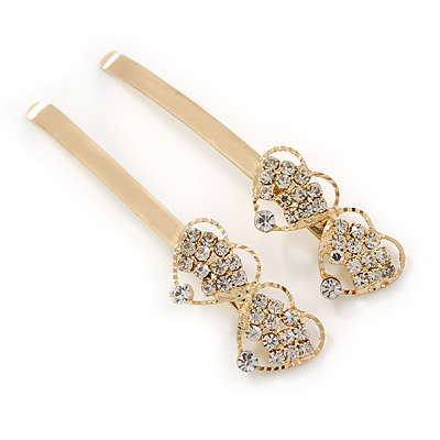 2 Bridal/ Prom Clear Crystal Double Heart Hair Grips/ Slides In Gold Plating - 65mm L - main view