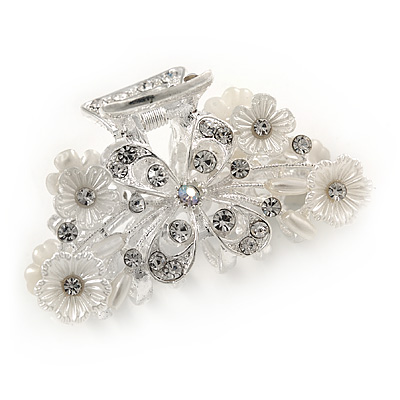 Small Bridal/ Prom/ Wedding Acrylic Flower, Crystal Hair Claw In Silver Tone Metal - 60mm Across