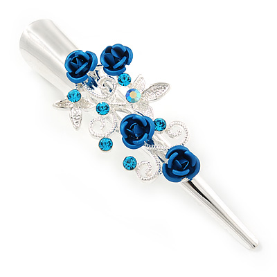 Medium Blue Crystal, Rose Floral Hair Beak Clip/ Concord/ Alligator Clip In Silver Tone - 75mm L - main view