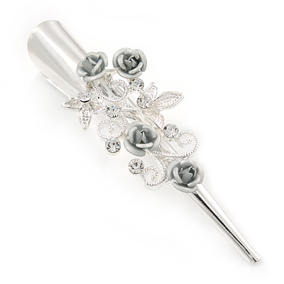 Medium Clear Crystal, Light Grey Rose Floral Hair Beak Clip/ Concord/ Alligator Clip In Silver Tone - 75mm L - main view