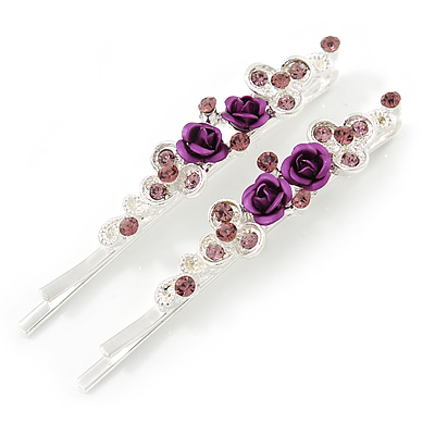 Pair Of Purple Crystal Rose Hair Slides In Rhodium Plating - 55mm L - main view