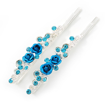 Pair Of Blue Crystal Rose Hair Slides In Rhodium Plating - 55mm L - main view