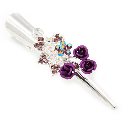 Medium Purple Crystal, Rose Hair Beak Clip/ Concord/ Alligator Clip In Silver Tone - 75mm L