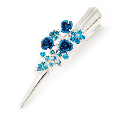 Medium Blue Crystal, Triple Rose Hair Beak Clip/ Concord/ Alligator Clip In Silver Tone - 75mm L