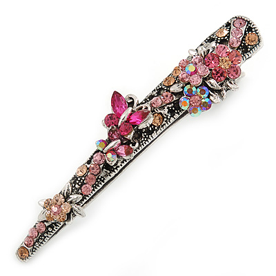 Vintage Inspired Pink Crystal Butterfly and Flower Filigree Hair Beak Clip/ Concord Clip In Antique Silver Tone - 85mm L