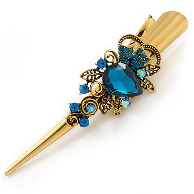 Long Vintage Inspired Gold Tone Teal Crystal Floral Hair Beak Clip/ Concord/ Crocodile Clip - 13.5cm L - main view