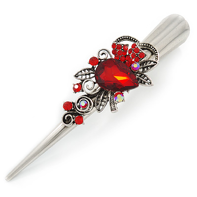 Long Vintage Inspired Silver Tone Ruby Red Crystal Floral Hair Beak Clip/ Concord/ Crocodile Clip - 13.5cm L - main view