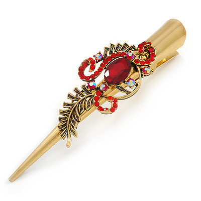Long Vintage Inspired Gold Tone Ruby Red Crystal Whimsical Feather Hair Beak Clip/ Concord/ Crocodile Clip - 13.5cm L - main view