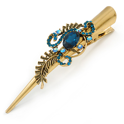 Long Vintage Inspired Gold Tone Teal Crystal Whimsical Feather Hair Beak Clip/ Concord/ Crocodile Clip - 13.5cm L - main view