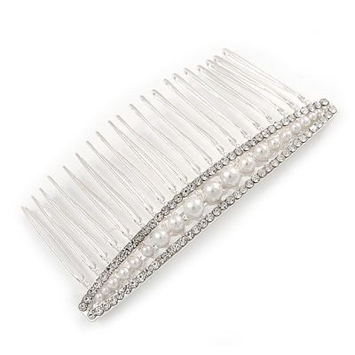 Bridal/ Wedding/ Prom/ Party Silver Plated Clear Crystal, White Faux Pearl Hair Comb - 80mm - main view