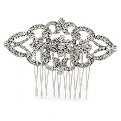Bridal/ Wedding/ Prom/ Party Rhodium Plated Clear Austrian Crystal Floral Side Hair Comb - 65mm - main view