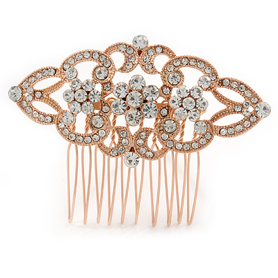 Bridal/ Wedding/ Prom/ Party Rose Gold Tone Clear Austrian Crystal Floral Side Hair Comb - 65mm - main view